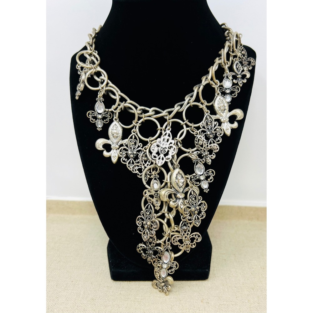 Unica Silver Tone Fleur De Lis Crystal Statement Bib Necklace Gothic Filigree